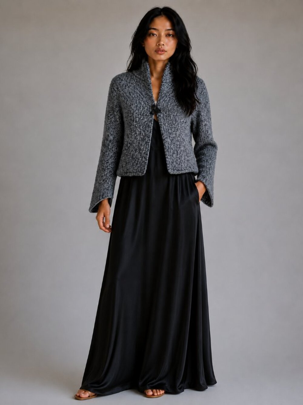 Alpaca Mira Flores Cardigan W/ M Gray Cropped Toggle Shawl Sweater